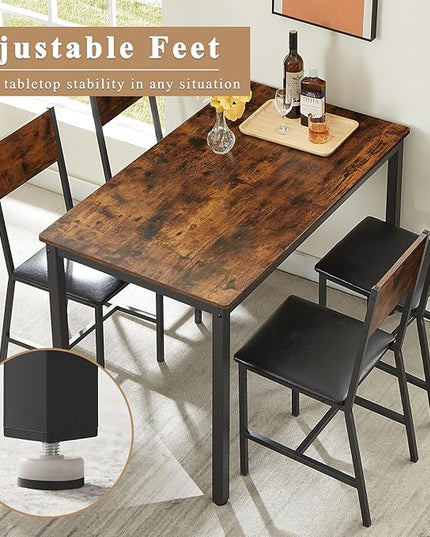 4 Chairs Dining Table Set for 4-8, Modern Space Saving Kitchen Desk, Wooden Industrial Style Farmhouse, 47", Leather Black Brown - LeafyLoom