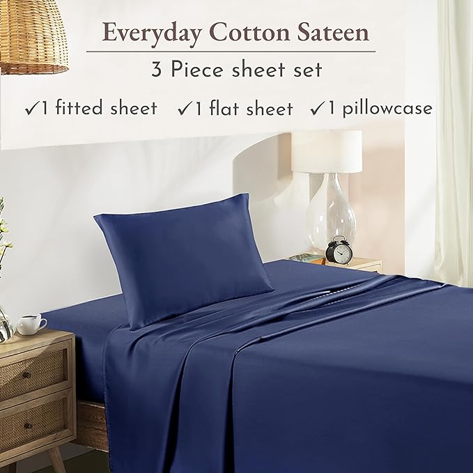 California Design Den Soft 100% Cotton Twin Sheets, 3 Piece Twin Sheet Set with Sateen Weave, Cooling Sheets - Navy Blue - LeafyLoom