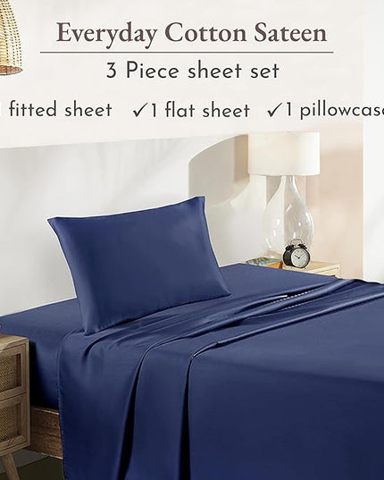 California Design Den Soft 100% Cotton Twin XL Sheet Set, 3 Piece Twin XL Sheet Set with Sateen Weave, Cooling Sheets - Navy Blue - LeafyLoom