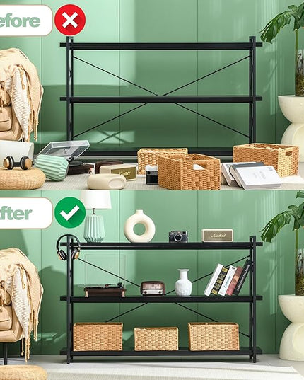 HCHQHS Bookshelf, 3-Tier Long Industrial Bookcase, Black Open Book Shelf, Freestanding Horizontal Bookshelves with Metal Frame - LeafyLoom