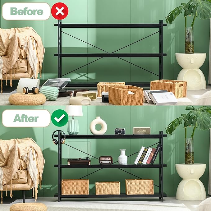 HCHQHS Bookshelf, 3-Tier Long Industrial Bookcase, Black Open Book Shelf, Freestanding Horizontal Bookshelves with Metal Frame - LeafyLoom