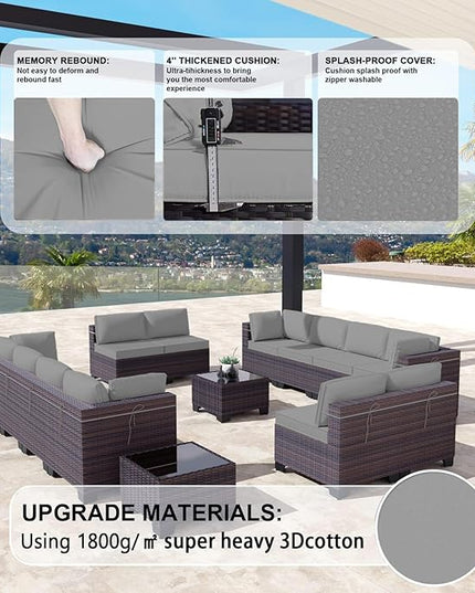 Kullavik 14PCS Outdoor Patio Furniture Set PE Wicker Rattan Sectional Sofa Patio Conversation Sets,Grey - LeafyLoom