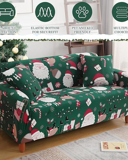 Mybedsoul Christmas Printed Sofa Cover Santa Claus Elastic Couch Cover Machine Washable Christmas Theme Red Sofa Slipcover for Living Room(3 Seater) Mybedsoul