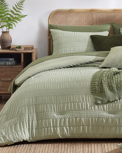CASAAGUSTO Queen Comforter Set, 7 Pieces Sage Green Seersucker Bed in a Bag Queen Size Soft All Seasons, Bedding Sets with Comforter, Flat Sheet, Fitted Sheet, 2 Pillow Shams, 2 Pillowcases - LeafyLoom
