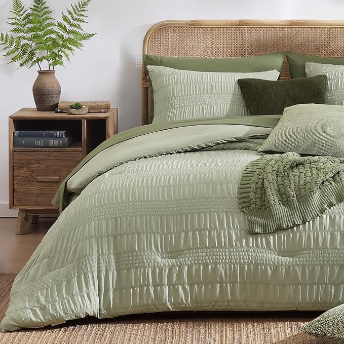 CASAAGUSTO Queen Comforter Set, 7 Pieces Sage Green Seersucker Bed in a Bag Queen Size Soft All Seasons, Bedding Sets with Comforter, Flat Sheet, Fitted Sheet, 2 Pillow Shams, 2 Pillowcases - LeafyLoom