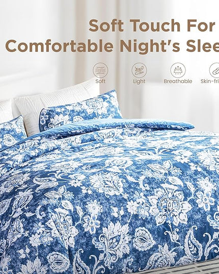 Sophia & William Queen Size Comforter Set for All Season, 3 Pcs Bedding Set with Antique Blue Printed Comforter with & 2 Pillowcases - LeafyLoom