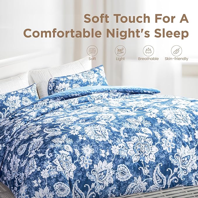 Sophia & William Queen Size Comforter Set for All Season, 3 Pcs Bedding Set with Antique Blue Printed Comforter with & 2 Pillowcases - LeafyLoom