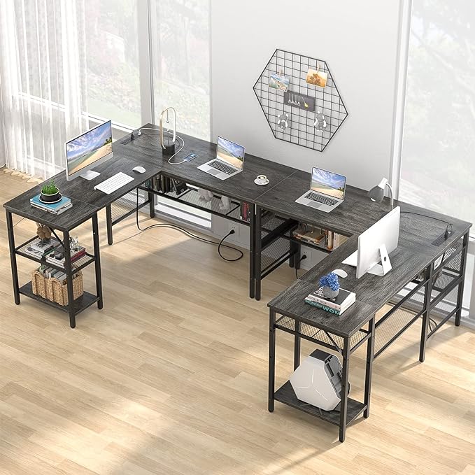 Unikito L Shaped Computer Desk with USB Charging Port and Power Outlet, Reversible Corner Desk with Storage Shelves, Industrial 2 Person Long Gaming Table Modern Home Office Desk, Black Oak - LeafyLoom