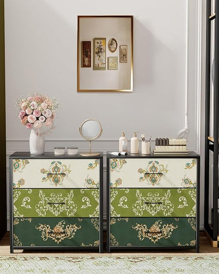Nightstand, End Table, Bedside Table, Small Tall Boho Dresser for Bedroom with 3 Drawer, Chest of Drawers Fabric Dressers with Wood Top for Closet, Living Room, Retro Flower - LeafyLoom