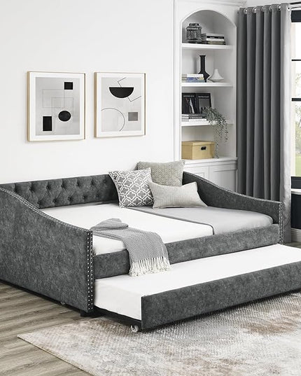 Full Size Upholstered Daybed with Twin Trundle, Wooden Sofa Bed w/Button Tufted Backrest and Waved Shape Arms, No Box Spring Needed, for Living Room, Bedroom, Dorm, Grey - LeafyLoom