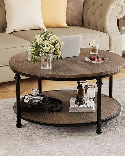 GAOMON Round Coffee Table Living Room 34.25in Rustic Circle Center Table with Storage Shelf 2-Tier Modern Wood Coffee Table Metal Frame, Easy Assembly(Light Walnut) - LeafyLoom
