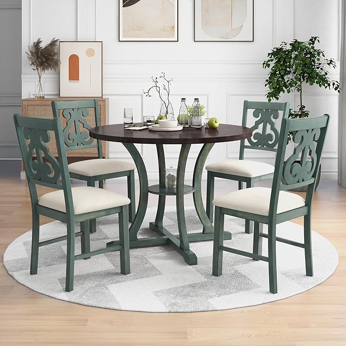 5 Piece Industrial Dinette Sets Wooden Kitchen Dining Table and 24 Matching Upholstered Chairs, for Diningroom Living Room, Easy to Assemble, Antique Blue - LeafyLoom