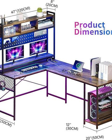 Lvifur 67” L Shaped Desk with Wireless Charging Station,24-Color RGB Dimmable Computer Desk with Pegboard,Gaming Desk with Monitor Stand, Display Stand,Human Sensor Lights for Home Office - LeafyLoom