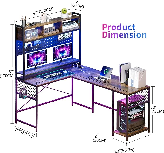 Lvifur 67” L Shaped Desk with Wireless Charging Station,24-Color RGB Dimmable Computer Desk with Pegboard,Gaming Desk with Monitor Stand, Display Stand,Human Sensor Lights for Home Office - LeafyLoom