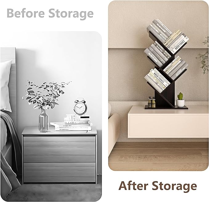 5-Shelf Tree Bookshelf Free Standing Small Book Shelf Narrow Wood Bookcase Floor Standing Book Shelf Modern Book Storage Organizer for Home Office Bedroom Living Room Black - LeafyLoom