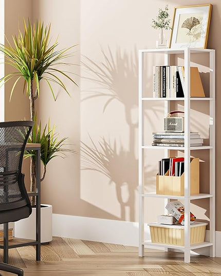 TUTOTAK Bookshelf, 5-Tier Tall Book Shelf, Narrow Bookcase for Small Space, DIY Stackable Bookshelf, for Living Room, Office, Study, Entryway, Industrial, White BS01BW005 - LeafyLoom