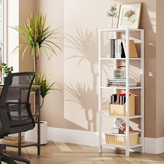 TUTOTAK Bookshelf, 5-Tier Tall Book Shelf, Narrow Bookcase for Small Space, DIY Stackable Bookshelf, for Living Room, Office, Study, Entryway, Industrial, White BS01BW005 - LeafyLoom