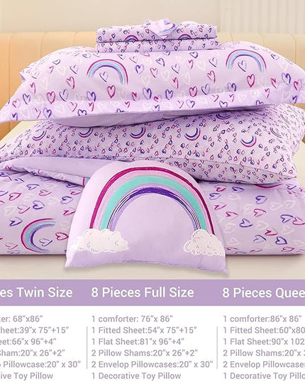 Mooreeke Queen Size Comforter Sets for Girls Kids, 8 Pieces Bed in a Bag Purple Love Heart Rainbow Bedding Comforter Sheet Set with Shams and Decorative Toy Pillow, Ultral Soft Microfiber Kids Bed Set - LeafyLoom