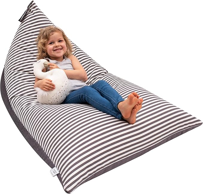 HUDDLE Original Stuffed Animal Bean Bag Storage Large Designer Beanbag Chairs for Kids Teens & Adults | Instant Clutter Clear for Stylish Moms - Stuffed Animal Storage Bean Bag Chair Grey Stripe - LeafyLoom