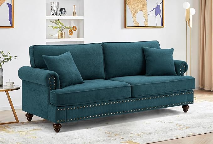 Upholstered 3-Seater Sofa with Rolled Armrest,Modern Couch with Wood Turned Legs and Nailhead Trim Design,for Living Room,Office,Lake Green - LeafyLoom