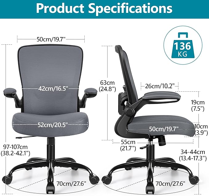 FelixKing Office Chair, Ergonomic Desk Chair Breathable Mesh Chair with Adjustable High Back Lumbar Support Flip-up Armrests, Executive Rolling Swivel Comfy Task Computer Chair for Home Office - LeafyLoom