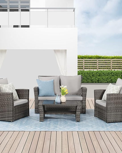 Wisteria Lane 4 Piece Outdoor Patio Furniture Sets, Wicker Conversation Set for Porch Deck, Gray Rattan Sofa Chair with Cushion - LeafyLoom