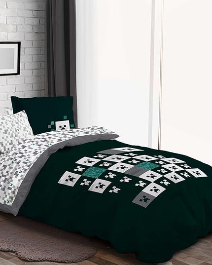 Minecraft Creeper Twin Comforter Set - 5 Piece Gamer Bedding includes Sheet Set & Pillow Covers - Super Soft Checkered Kids Bedding - LeafyLoom
