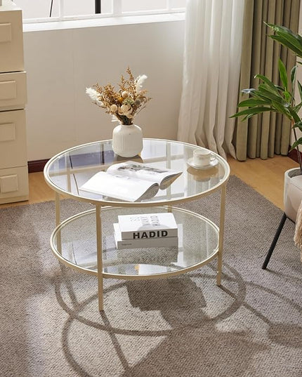 VINGLI Glass Coffee Table, 30" Round Coffee Table, Transparent Glass Coffee Tables for Living Room, 2-Tier Coffee Table with Storage, Modern Center Table with a Beige Frame, Mesa de Centro Para Sala - LeafyLoom