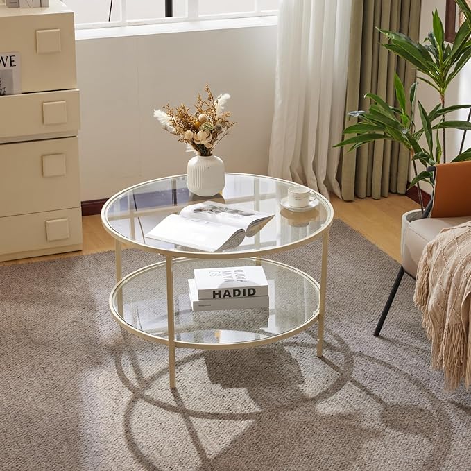 VINGLI Glass Coffee Table, 30" Round Coffee Table, Transparent Glass Coffee Tables for Living Room, 2-Tier Coffee Table with Storage, Modern Center Table with a Beige Frame, Mesa de Centro Para Sala - LeafyLoom