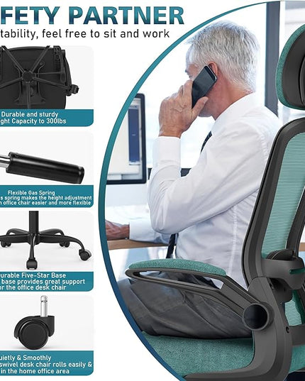 Home Office Chair, Ergonomic Desk Chair with Adjustable Lumbar Support, High Back Computer Chair- Adjustable Headrest with Flip-Up Arms, Swivel Task Chair for Home Office (Jungle) - LeafyLoom