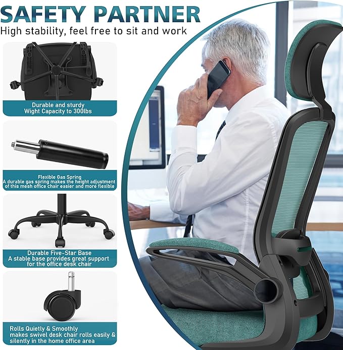 Home Office Chair, Ergonomic Desk Chair with Adjustable Lumbar Support, High Back Computer Chair- Adjustable Headrest with Flip-Up Arms, Swivel Task Chair for Home Office (Jungle) - LeafyLoom
