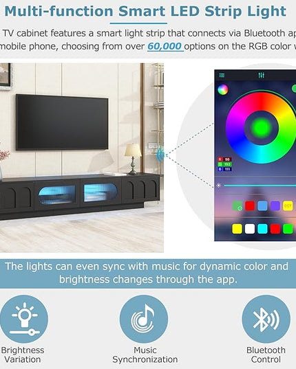 Merax TV Stand for Televisions Up to 95'', Functional Media Console with APP-Controlled Smart LED Light, Arched Cabinet Doors and Fluted Glass Doors, Entertainment Center, for Living Room, Black - LeafyLoom