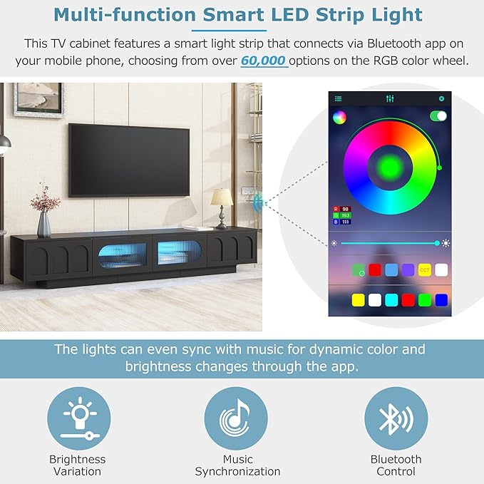 Merax TV Stand for Televisions Up to 95'', Functional Media Console with APP-Controlled Smart LED Light, Arched Cabinet Doors and Fluted Glass Doors, Entertainment Center, for Living Room, Black - LeafyLoom