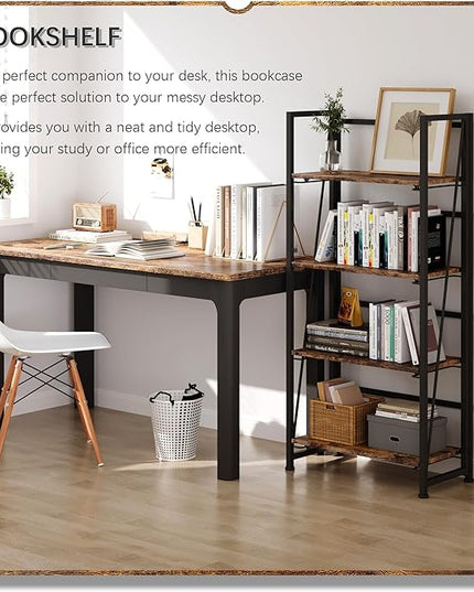 4NM No-Assembly Folding Bookshelf Storage Shelves 4 Tiers Vintage Bookcase Standing Racks Study Organizer Home Office (Rustic Brown and Black) - LeafyLoom