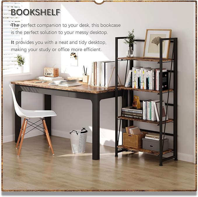 4NM No-Assembly Folding Bookshelf Storage Shelves 4 Tiers Vintage Bookcase Standing Racks Study Organizer Home Office (Rustic Brown and Black) - LeafyLoom