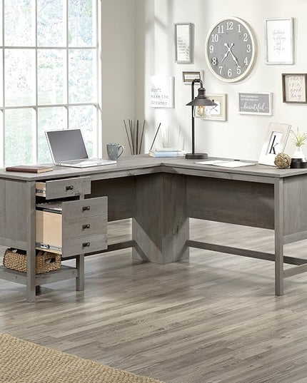 Sauder Cottage Road L-Desk, L: 65.12" x W: 58.66" x H: 29.76", Mystic Oak finish - LeafyLoom