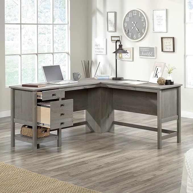 Sauder Cottage Road L-Desk, L: 65.12" x W: 58.66" x H: 29.76", Mystic Oak finish - LeafyLoom