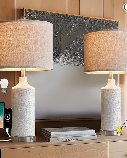 OYEARS 24” Table Lamps Set of 2, Bedside Lamps for Bedroom Night Stands, 3-Way Dimmable Table Lamps for Living Room With USB A+C, Farmhouse Touch Lamp for Home Decor, End Table, Modern (Bulb Included) - LeafyLoom