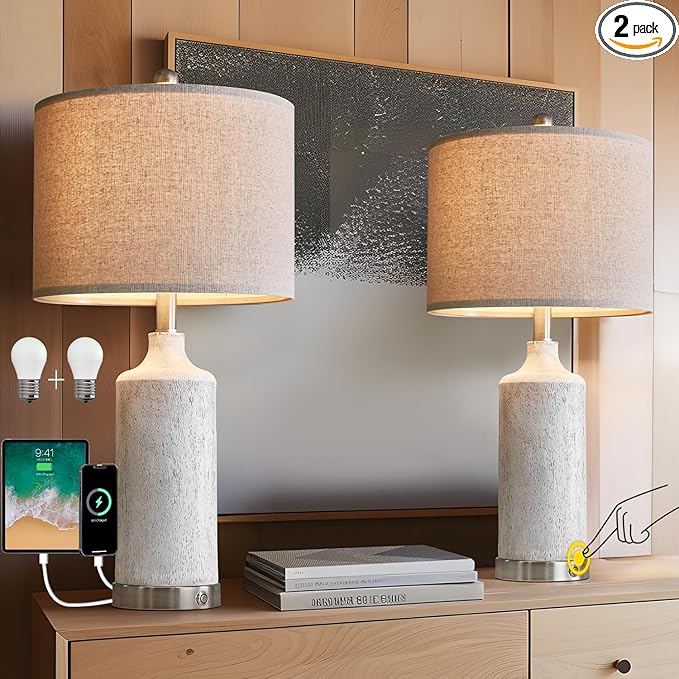 OYEARS 24” Table Lamps Set of 2, Bedside Lamps for Bedroom Night Stands, 3-Way Dimmable Table Lamps for Living Room With USB A+C, Farmhouse Touch Lamp for Home Decor, End Table, Modern (Bulb Included) - LeafyLoom