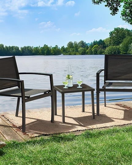 Greesum 3 Pieces Patio Furniture Outdoor Bistro Set Textilene Fabric Chairs for Lawn, Garden, Balcony, Poolside with A Glass Coffee Table, Black - LeafyLoom
