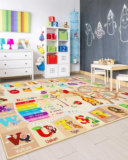 Chicrug Educational Kid Area Rug for Playroom, 4x6 Feet TPR Non Slip Kids Classroom Carpet Rug for Learning ABC Animal, Shape Color Fruit, Washable Play Mat Rug for Children Nursery Toddler Room Decor - LeafyLoom