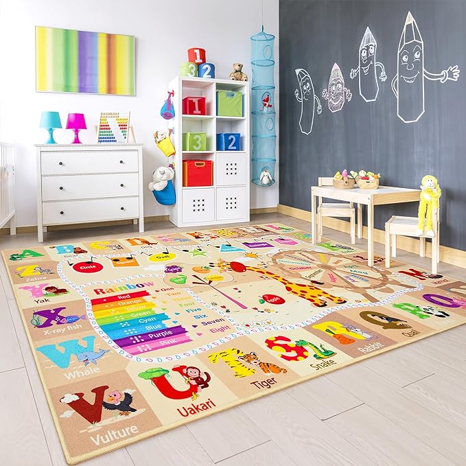 Chicrug Educational Kid Area Rug for Playroom, 4x6 Feet TPR Non Slip Kids Classroom Carpet Rug for Learning ABC Animal, Shape Color Fruit, Washable Play Mat Rug for Children Nursery Toddler Room Decor - LeafyLoom