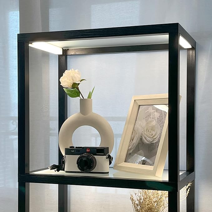 FENLO Fantasy Plus Pro - 66" LED Glass Display Shelf with Dimmable LED Floor Lamp, Curio Cabinet with Adjustable Color Temp, Open Display Cabinet for Collectibles, Long Lasting LED - LeafyLoom