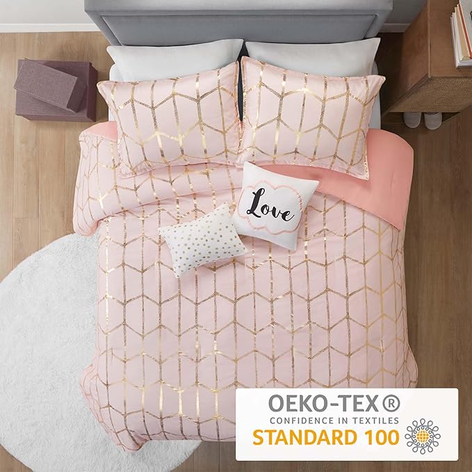 Intelligent Design Raina Comforter Microfiber Metallic Print Geometric Design Embroidered Toss Pillow Modern Trendy Casual All Season Bedding Set Matching Sham, Full/Queen, Blush/Gold 5 Piece - LeafyLoom