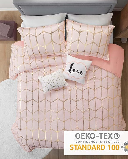 Intelligent Design Raina Twin / Twin XL Comforter Set, Soft Microfiber Comforter Set Twin, Modern Geometric Metallic Bed Set, 4 Pieces College Bedding Comforter Set with 1 Sham, 2 Toss Pillows Blush - LeafyLoom