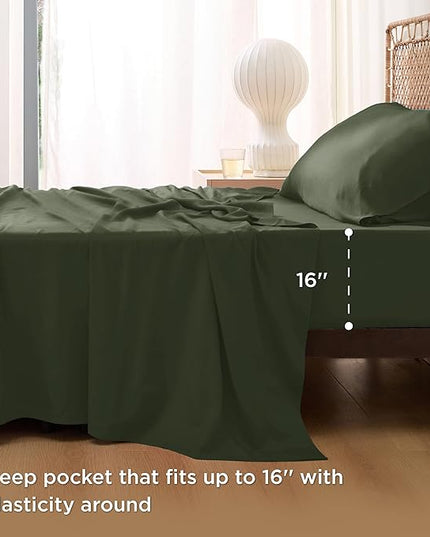 Bedsure Twin XL Sheet Set Dorm Bedding, Cooling Sheets Twin Extra Long Sheets, Rayon Derived from Bamboo, Deep Pocket Up to 16", Hotel Luxury Silky Bedding Sheets & Pillowcases, Olive green - LeafyLoom
