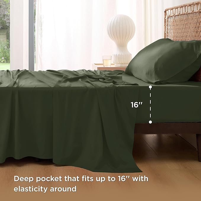 Bedsure Twin XL Sheet Set Dorm Bedding, Cooling Sheets Twin Extra Long Sheets, Rayon Derived from Bamboo, Deep Pocket Up to 16", Hotel Luxury Silky Bedding Sheets & Pillowcases, Olive green - LeafyLoom