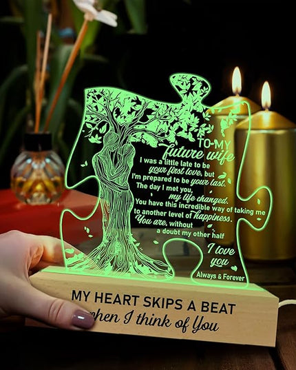 Gifts for Wife from Husband | Wedding Lights for Couples, Engraved, Newlyweds | to My Future Wife 3D Lamp Wooden Base USB Powered Acrylic Night Light | Gift for Her on Birthday Valentines - LeafyLoom
