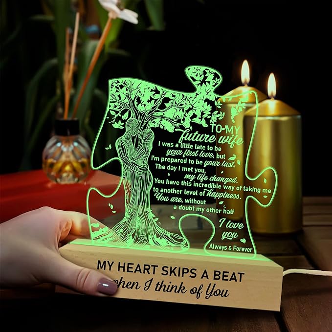 Gifts for Wife from Husband | Wedding Lights for Couples, Engraved, Newlyweds | to My Future Wife 3D Lamp Wooden Base USB Powered Acrylic Night Light | Gift for Her on Birthday Valentines - LeafyLoom