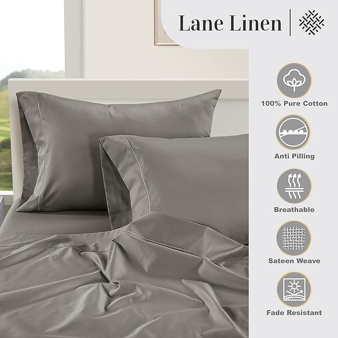 LANE LINEN 100% Egyptian Cotton Bed Sheets - 1000 Thread Count 4-Piece Charcoal Calking Set Bedding Sateen Weave Luxury Hotel 16" Deep Pocket (Fits Upto 17" Mattress) - LeafyLoom